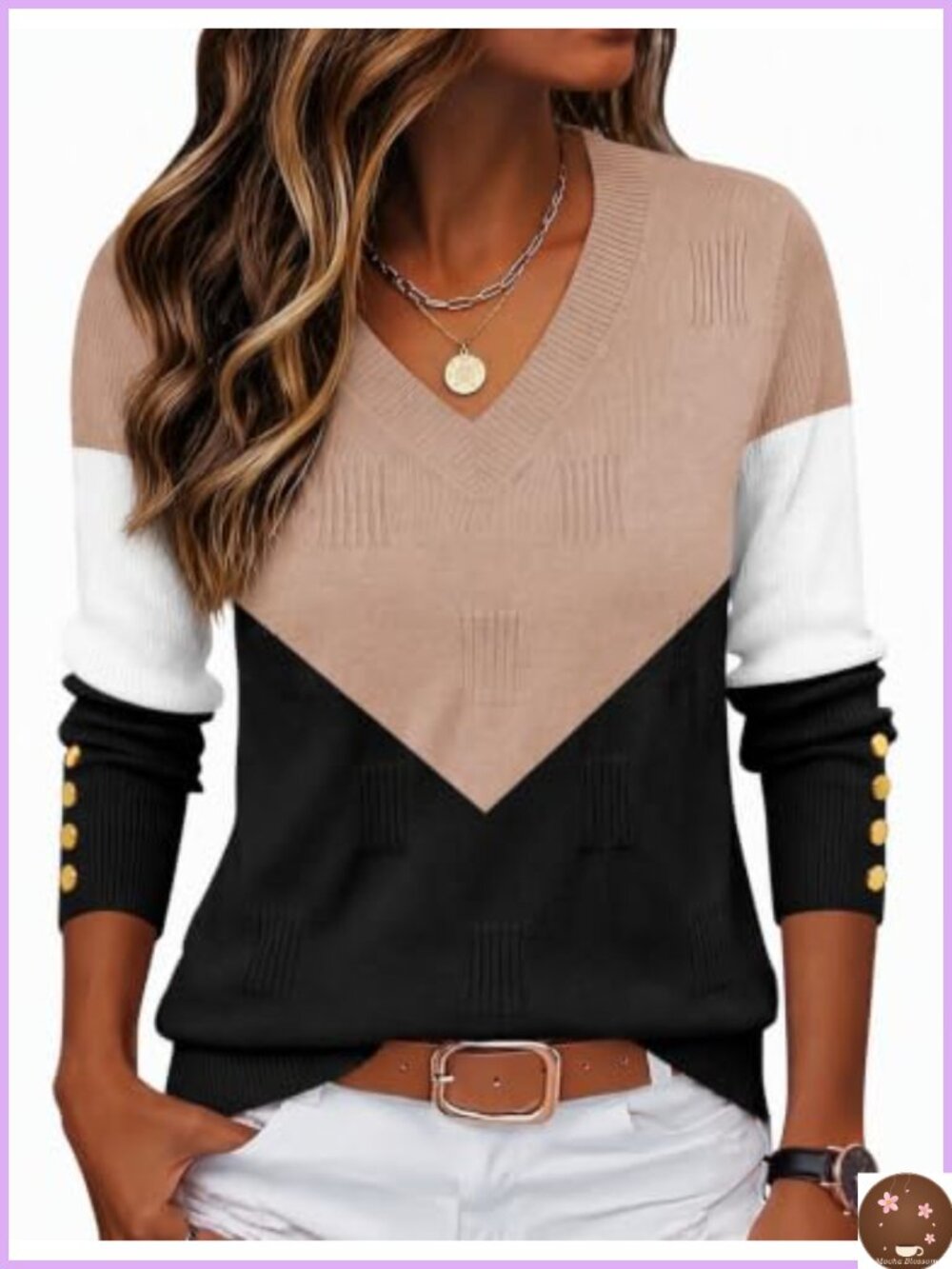 Women's V-Neck Lightweight Pullover Sweater with Buttons & Ribbed Knit Pattern - Picture 1 of 6